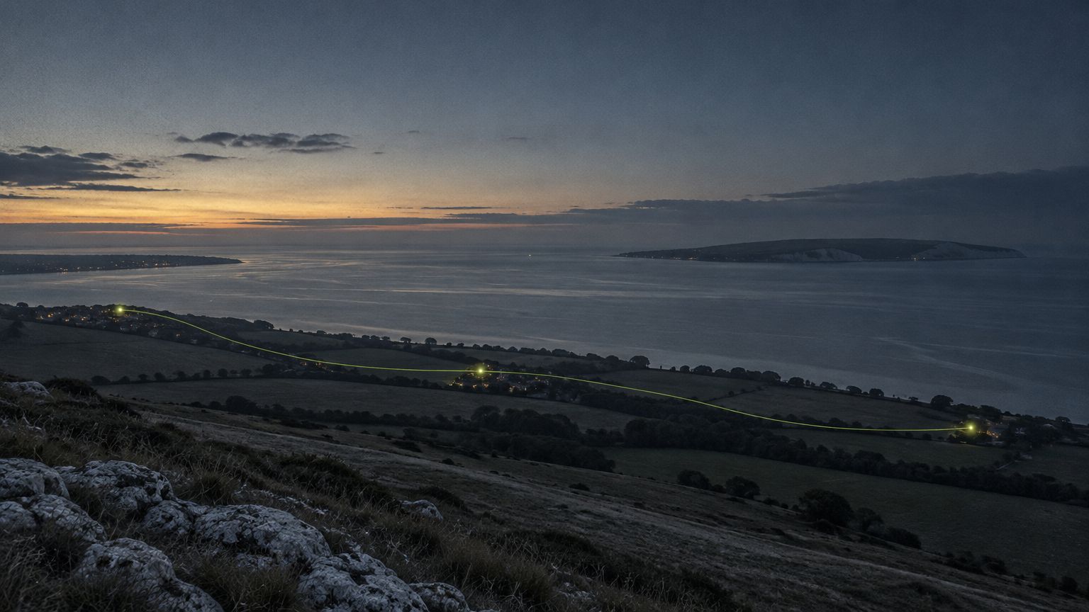 The south coast of England at dusk, with a thin line of light tracing a path between three points.